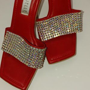 Red, crystal studded, heel/sandal with square toe.